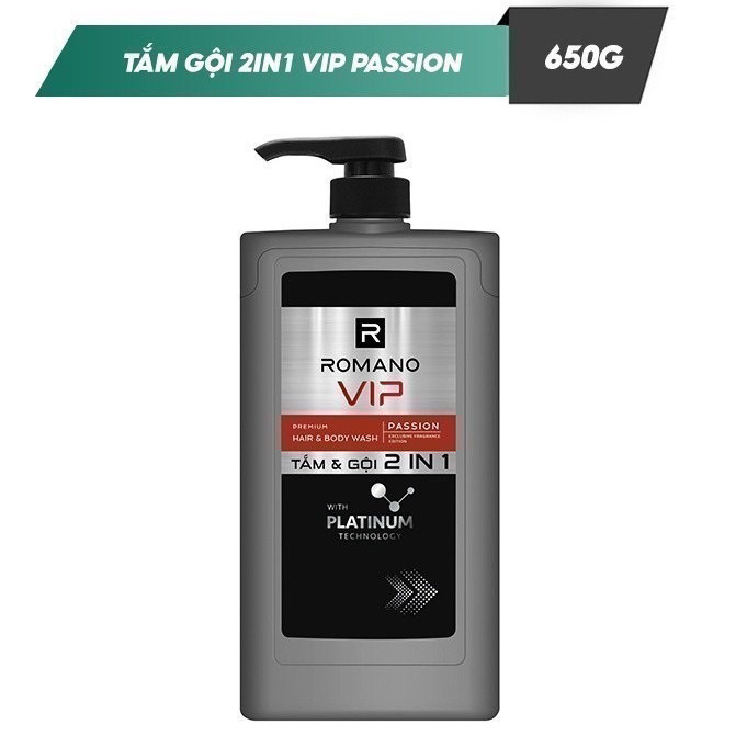 Tắm Gội 2in1 Romano Vip Passion , Vip Vision Hương Nước Hoa cao Cấp 650g/chai