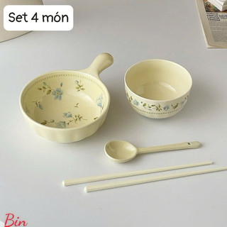 Sét 4 món bát sứ có tay cầm màu mới hoạ tiết hoa xinh xinh