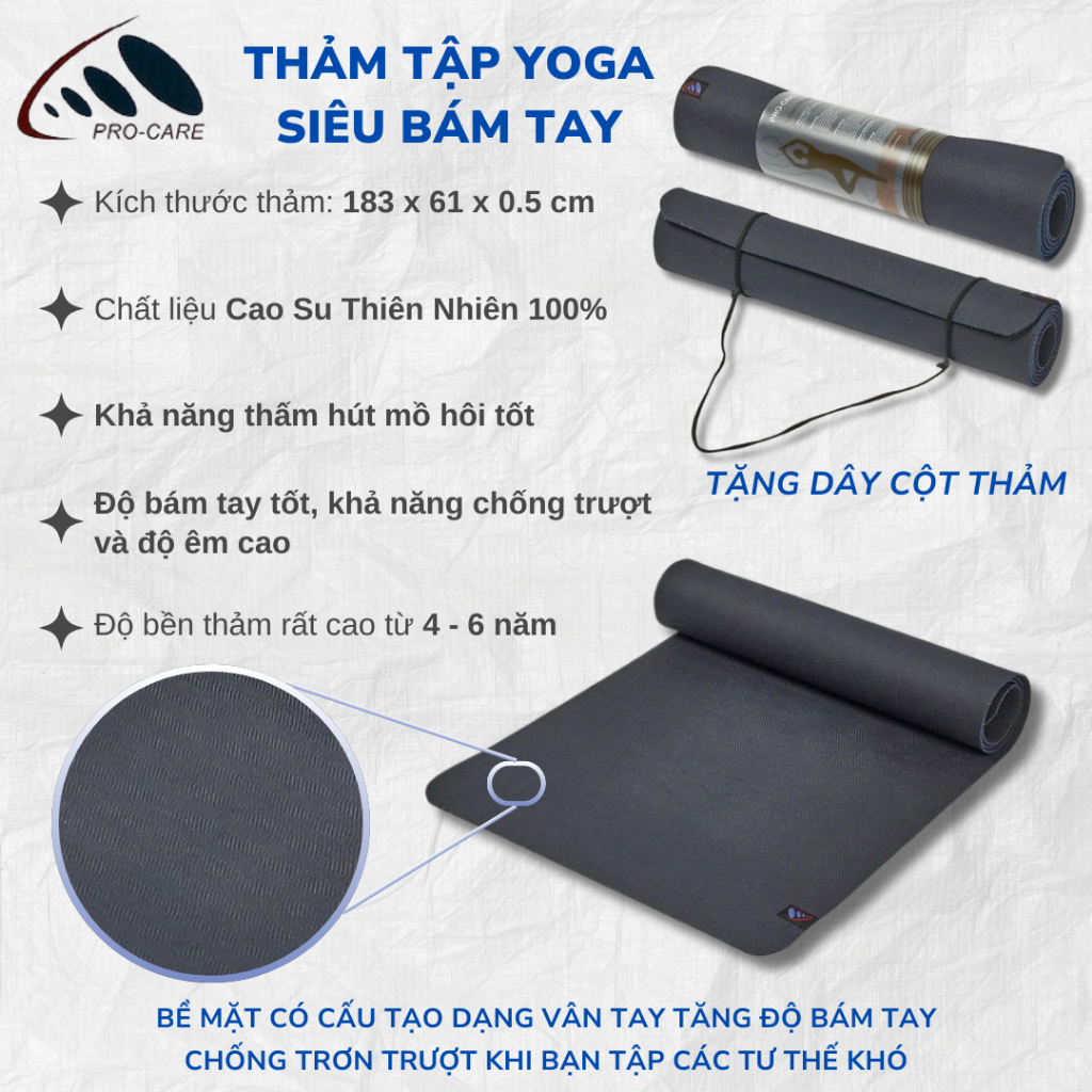 Thảm Tập Yoga Cao Su Thiên Nhiên PRO-CARE Siêu Bám & Siêu Bền - Hàng Chính Hãng Tặng Kèm Túi Đựng