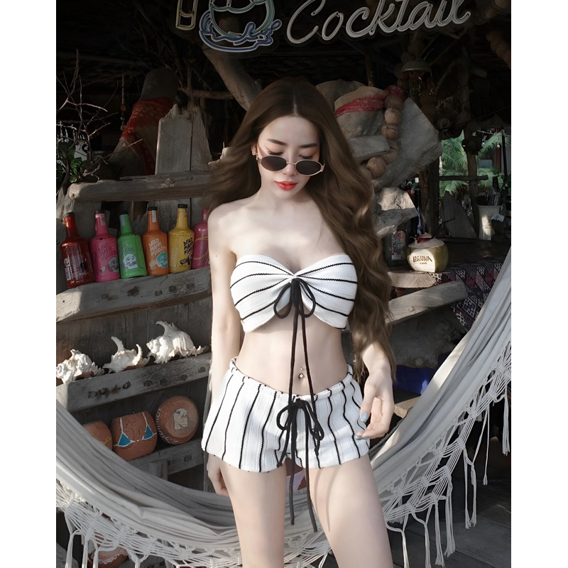 Set đi biển, set bikini kẻ sọc đen - Mẫu mới 2025