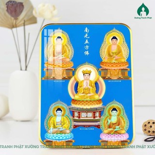 Tranh Ngũ Phương Phật tráng gương đẹp, siêu bóng, siêu nét dán viền nhiều kích thước