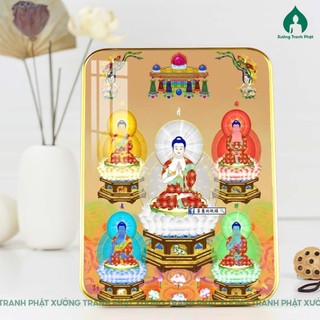 Tranh Ngũ Phương Phật tráng gương đẹp, siêu bóng, siêu nét dán viền nhiều kích thước