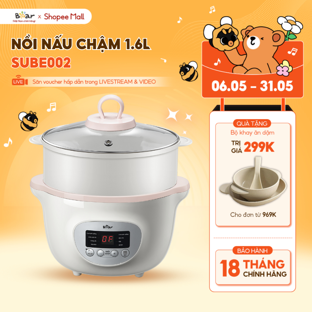 Ảnh Nồi Nấu Cháo Chậm BEAR 1.6L Nồi Nấu Chậm Cho Bé 7 Chế Độ Nồi Chưng Yến Hấp Hầm Canh Súp Chè Giữ Ấm Bản TViệt SUBE002 1