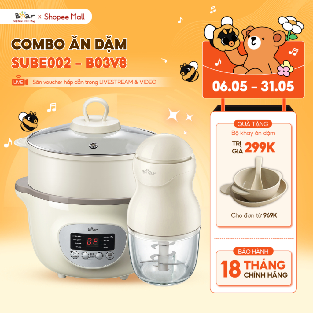 Ảnh Combo Nồi Nấu Cháo Chậm BEAR 1.6L SUBE002 Tiếng Việt và Máy Xay Ăn Dặm 0.3L BEAR 8 Lưỡi GR-B03V8 Nấu Cháo Chưng Yến 1