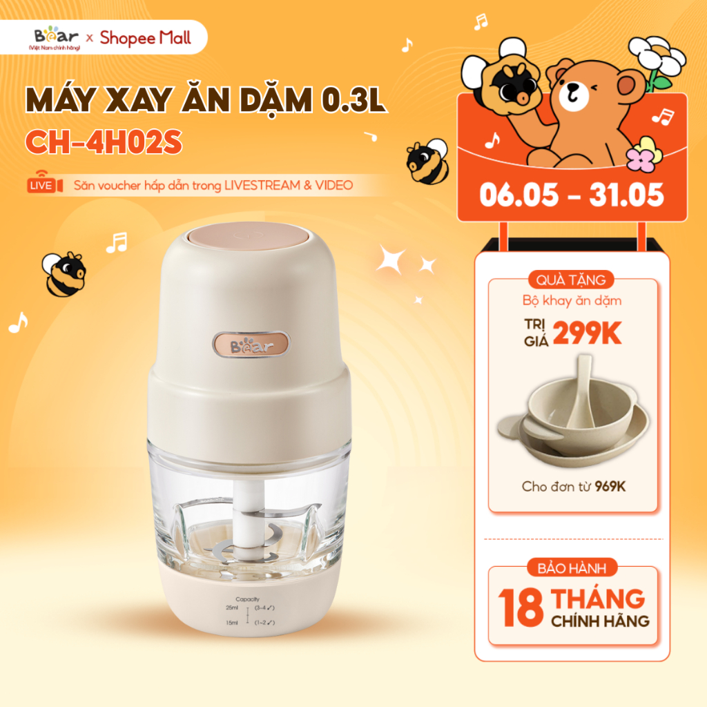 Ảnh Máy Xay Ăn Dặm Bear 0.3L Máy Xay Thực Phẩn Cho Bé Ăn Dặm Cối Thủy Tinh Máy Xay Cháo Mini Máy Xay Thịt Ăn Dặm CH-4H02S 1