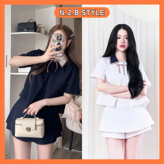 Set áo sơ mi cổ cải phối viền màu kèm quần váy tặng dây nơ Thome kẻ đỏ siêu xinh