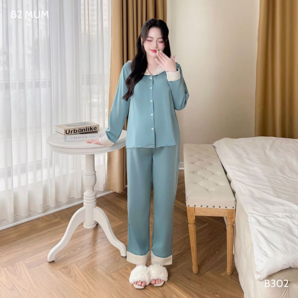 Bộ bầu và sau sinh chất lụa ngọc trai cao cấp quần có chun chỉnh bụng áo có khóa cho bé ti B302/B504  B2 MUM