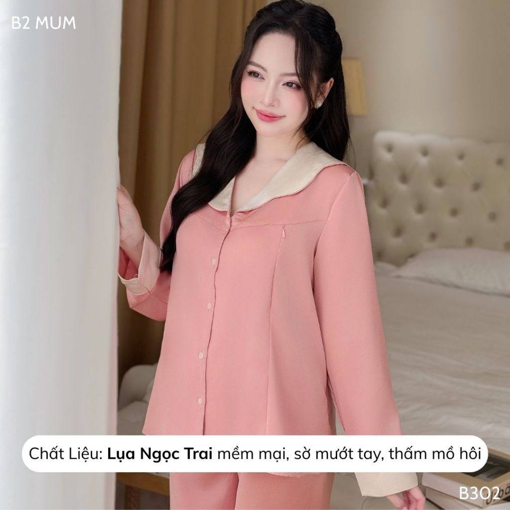 Bộ bầu và sau sinh chất lụa ngọc trai cao cấp quần có chun chỉnh bụng áo có khóa cho bé ti B302/B504  B2 MUM