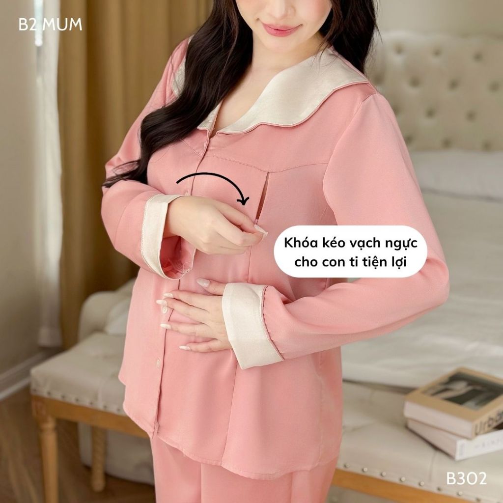 Bộ bầu và sau sinh chất lụa ngọc trai cao cấp quần có chun chỉnh bụng áo có khóa cho bé ti B302/B504  B2 MUM