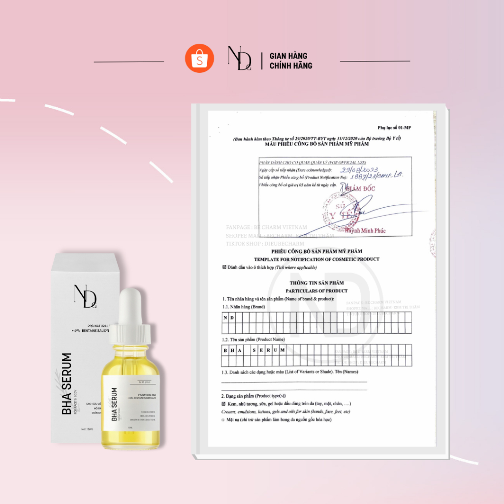 Serum BHA giảm mụn, tẩy tế bào chết hóa học, thu nhỏ lcl,... dùng cho Face & Body BHA ND 8% 5ml