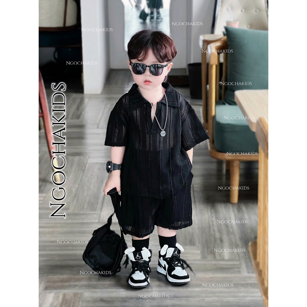 Bộ sơ mi chất dệt kim Cổ V cho bé đi biển,đi chơi chát thoáng mát nhẹ nhàng phong cách Hàn mùa hè cho bé size
