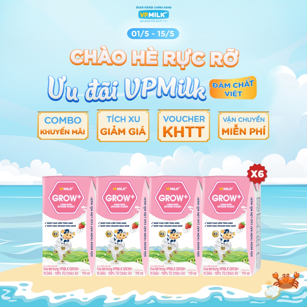 Ảnh Sữa Tiệt Trùng VPMilk Grow+ Vị Dâu 110ml Cho Bé Từ 1 Tuổi (4 hộp x 6) 1