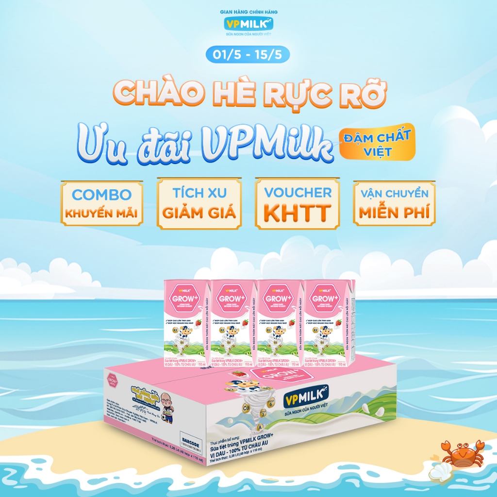 Ảnh Sữa tiệt trùng VPMilk Grow+ vị dâu 110ml (thùng 48 hộp) 1