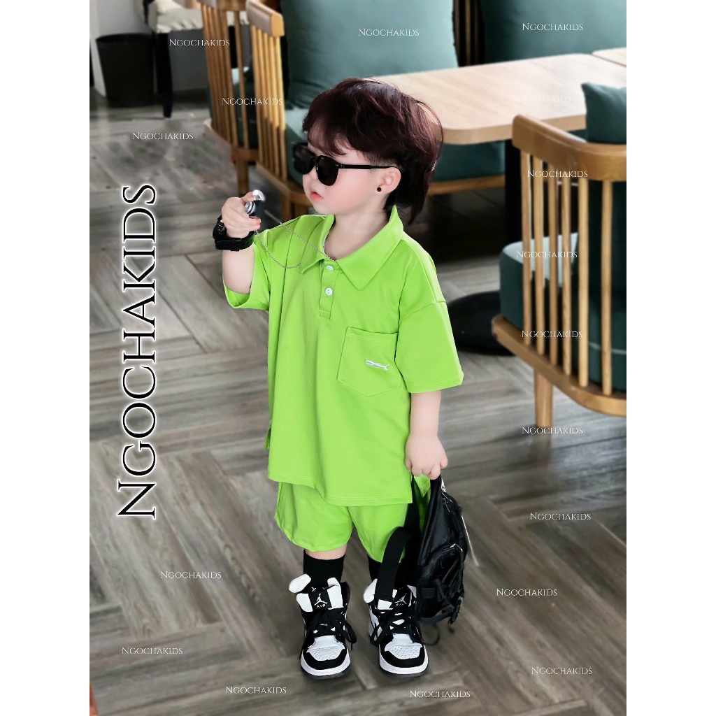 Bộ quần áo polo  thêu hình cá mập chất vải thông hơi 3 màu cho bé đi học đi chơi size 13-33kg, quần áo trẻ em