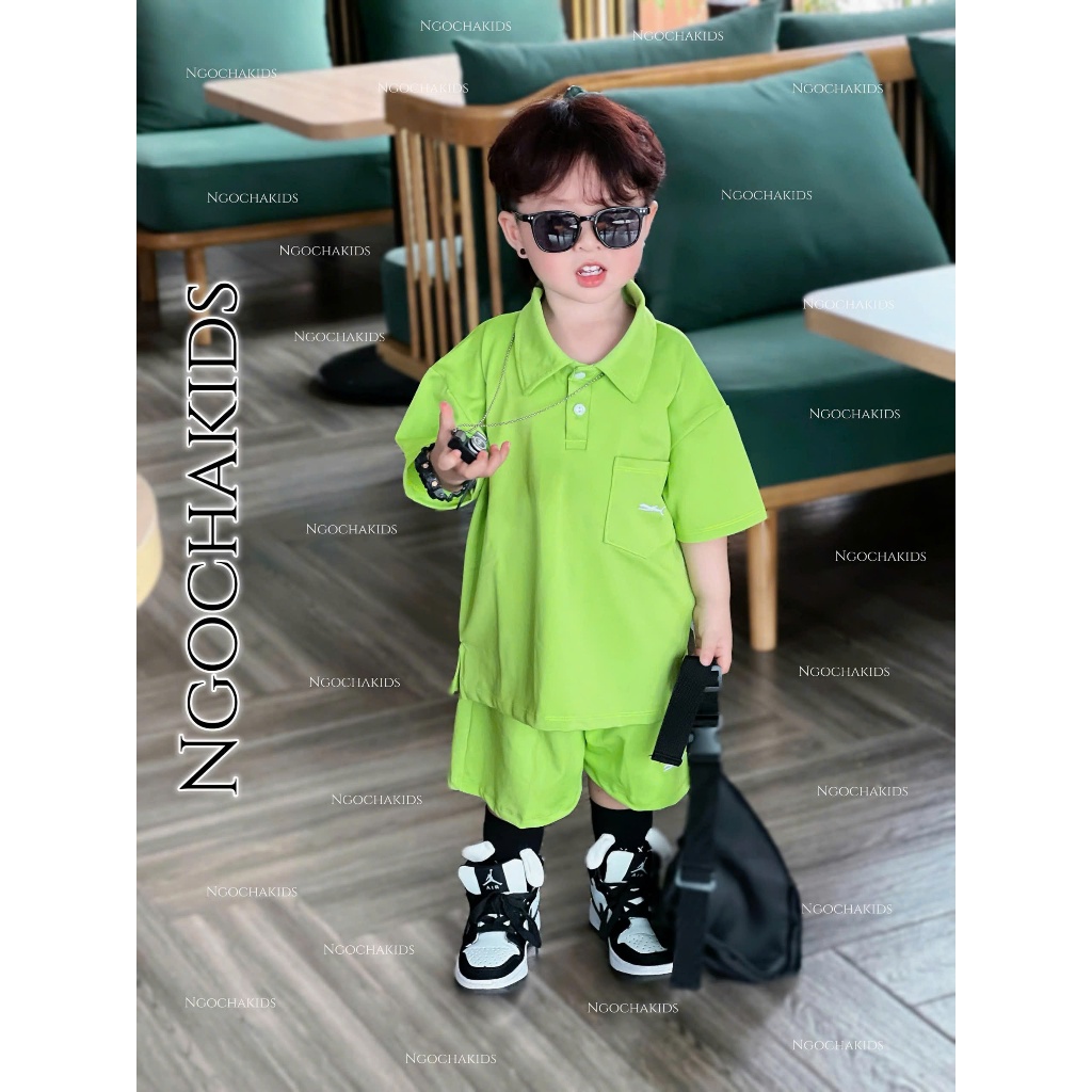 Bộ quần áo polo  thêu hình cá mập chất vải thông hơi 3 màu cho bé đi học đi chơi size 13-33kg, quần áo trẻ em