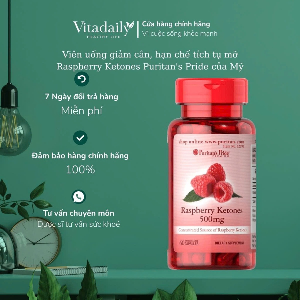 Viên uống giảm cân, hạn chế tích tụ mỡ Raspberry Ketones Puritan's Pride 120 viên