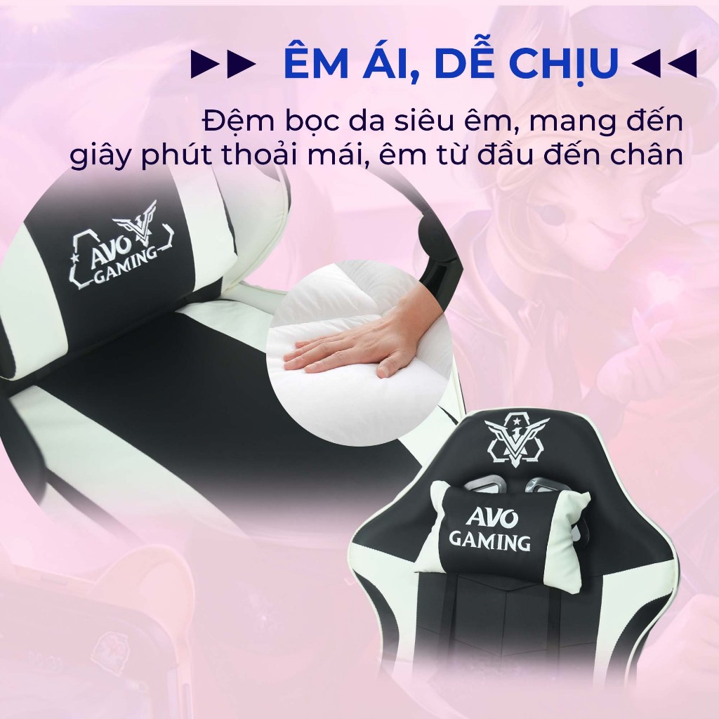 Ảnh Ghế gaming Avogaming công thái học bọc da, chân ghế xoay tựa cổ, đệm lưng nằm ngả gác chân làm việc chơi game 3