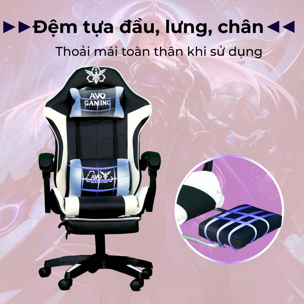 Ảnh Ghế gaming Avogaming công thái học bọc da, chân ghế xoay tựa cổ, đệm lưng nằm ngả gác chân làm việc chơi game 1