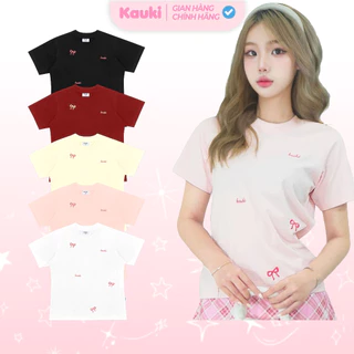 Áo baby tee Kauki thêu nơ cao cấp dày dặn form ôm nhẹ cổ tròn cotton  áo thun nữ  BBT5