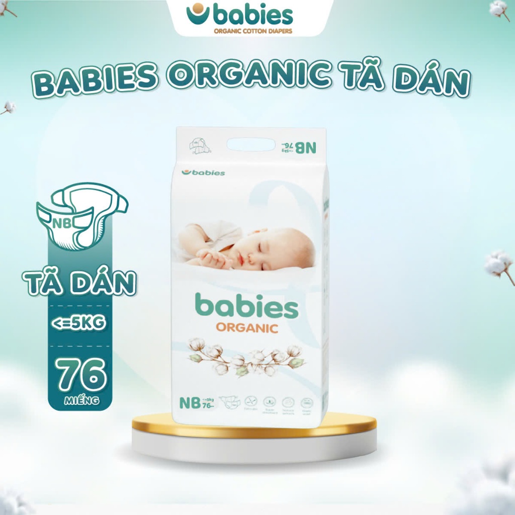 Ảnh Tã Dán BABIES ORGANIC Size NEWBORN (<=5kg) 76 Miếng, Siêu Mềm Mịn, 2mm Mỏng Thoáng, Lô Hội Ngừa Hăm Bí 1