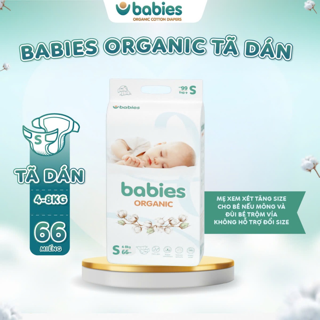 Ảnh Tã/Bỉm BABIES ORGANIC Size Dán S (4-8Kg) 66 Miếng, Thương Hiệu Việt, Siêu Mềm Mịn, Thấm Hút 1400ml 1
