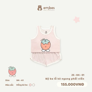 Bộ Ba Lỗ Kẻ Ngang In Hình Cho Bé Embes, Bộ Hè Chất Cotton Pettit Siêu Mềm Mịn Bé Trai Bé Gái 8-18kg