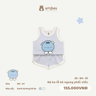 Bộ Ba Lỗ Kẻ Ngang In Hình Cho Bé Embes, Bộ Hè Chất Cotton Pettit Siêu Mềm Mịn Bé Trai Bé Gái 8-18kg