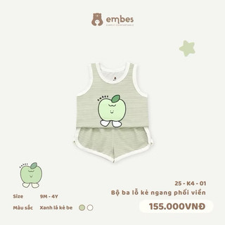 Bộ Ba Lỗ Kẻ Ngang In Hình Cho Bé Embes, Bộ Hè Chất Cotton Pettit Siêu Mềm Mịn Bé Trai Bé Gái 8-18kg