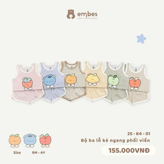 Bộ Ba Lỗ Kẻ Ngang In Hình Cho Bé Embes, Bộ Hè Chất Cotton Pettit Siêu Mềm Mịn Bé Trai Bé Gái 8-18kg