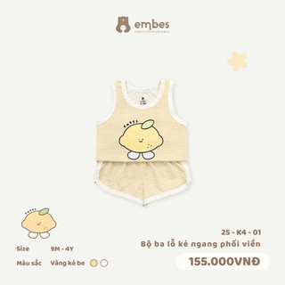Bộ Ba Lỗ Kẻ Ngang In Hình Cho Bé Embes, Bộ Hè Chất Cotton Pettit Siêu Mềm Mịn Bé Trai Bé Gái 8-18kg