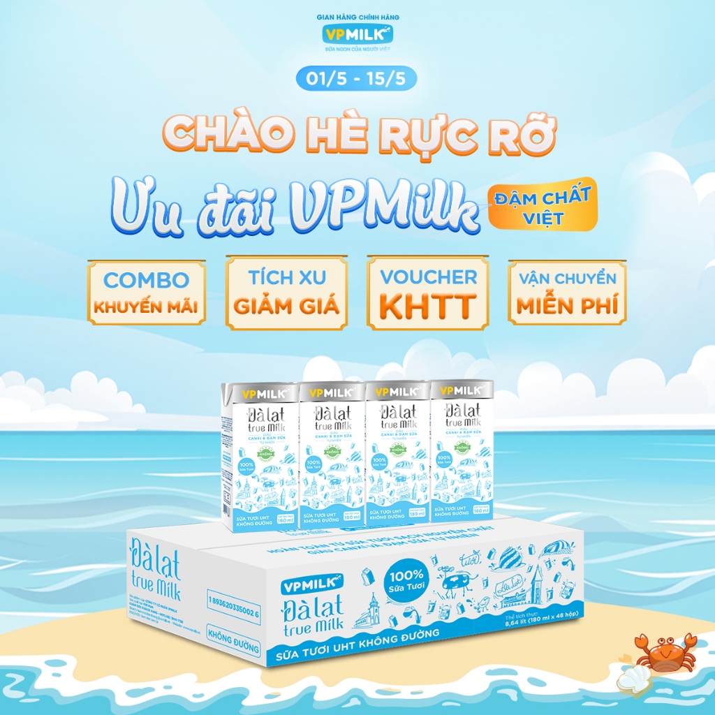 Ảnh Sữa tươi UHT Đà Lạt True Milk VPMilk không đường hộp 180ml (thùng 48 hộp) 1