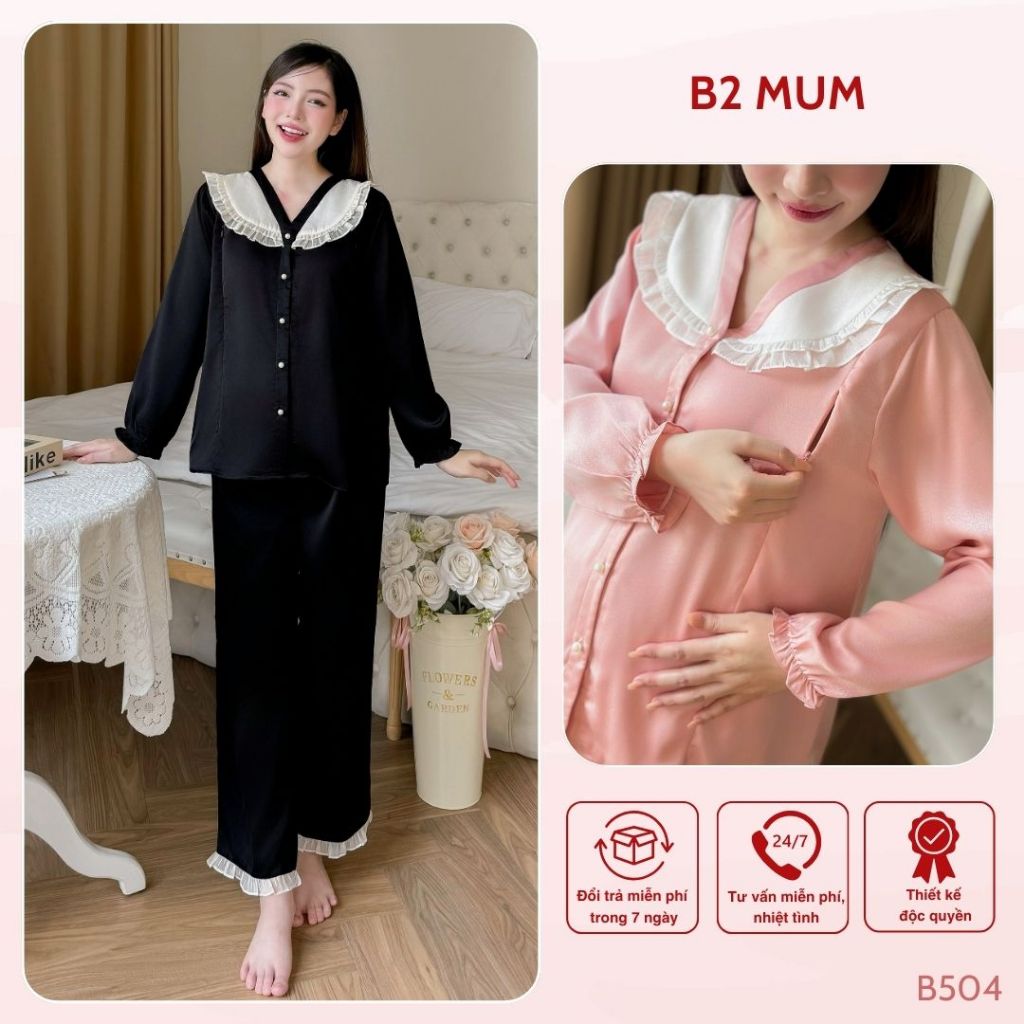 Bộ bầu và sau sinh thiết kế chất lụa ngọc trai có thể mặc quanh năm, áo có khoá bé ti quần có chun chỉnh - B763 B2MUM