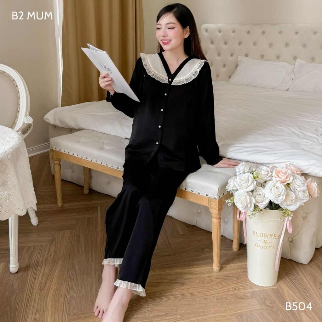 Bộ bầu và sau sinh thiết kế chất lụa ngọc trai có thể mặc quanh năm, áo có khoá bé ti quần có chun chỉnh - B763 B2MUM
