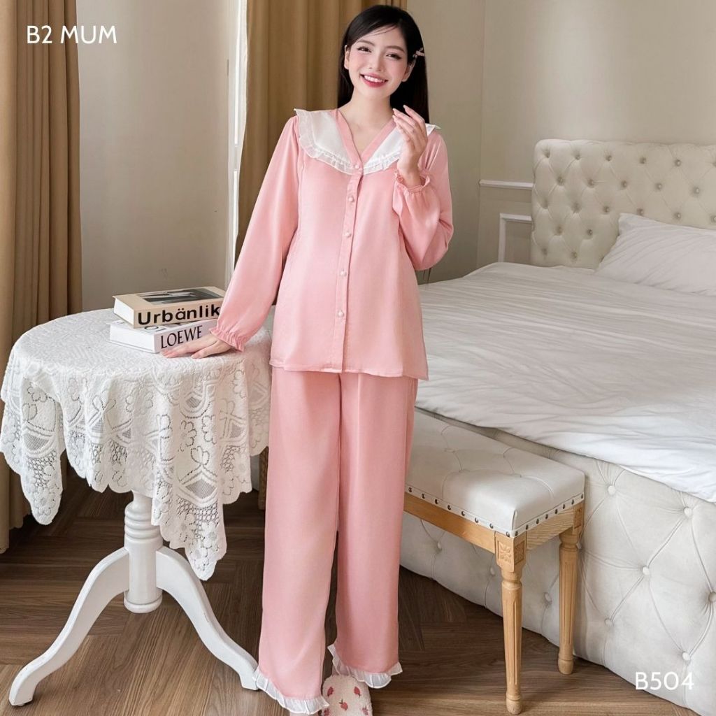 Bộ bầu và sau sinh thiết kế chất lụa ngọc trai có thể mặc quanh năm, áo có khoá bé ti quần có chun chỉnh - B763 B2MUM
