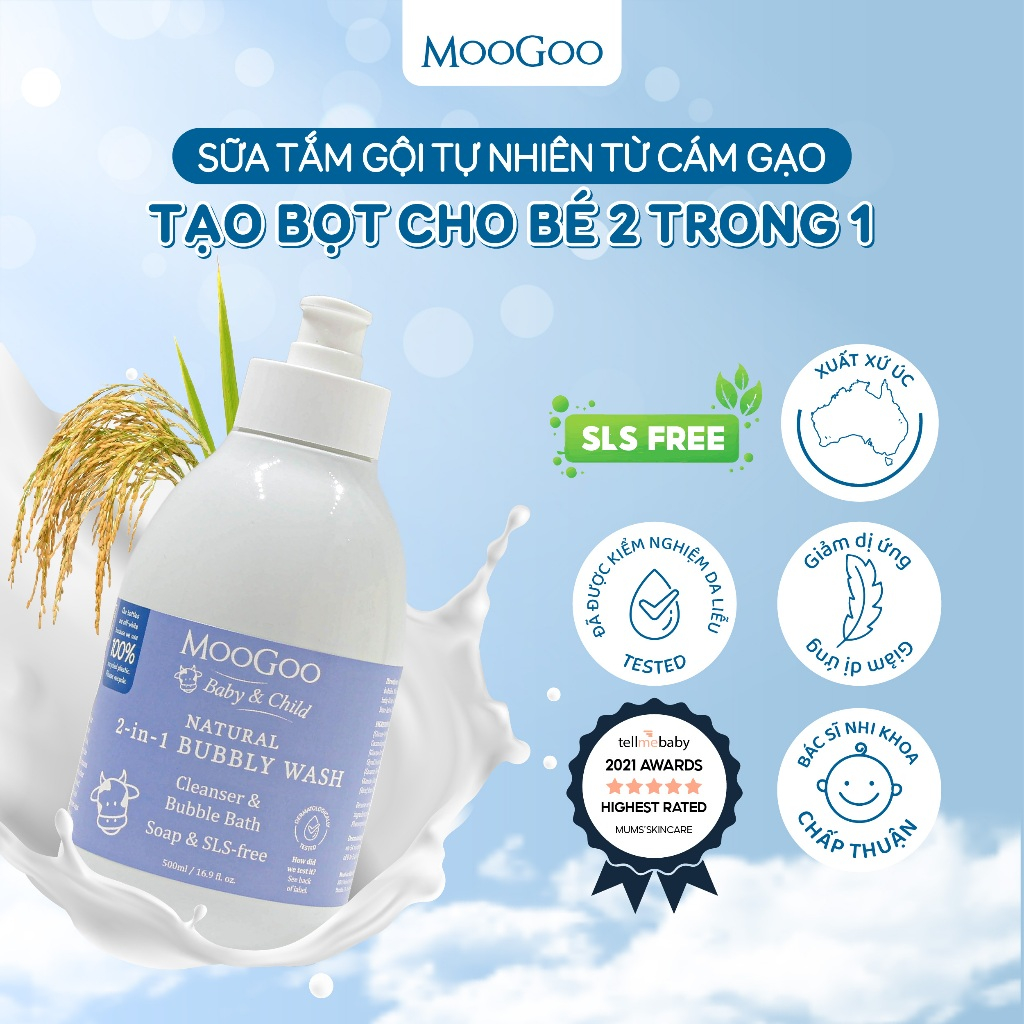 Sữa Tắm Gội Tự Nhiên MooGoo Bubbly Wash Từ Cám Gạo Cho Bé Không Chứa SLS & Paraben