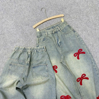 Quần Jean Bigsize Nữ Ống Rộng Màu Bụi Phối Nơ Đỏ Dễ Thương Cho Chubby 50-93kg Q551