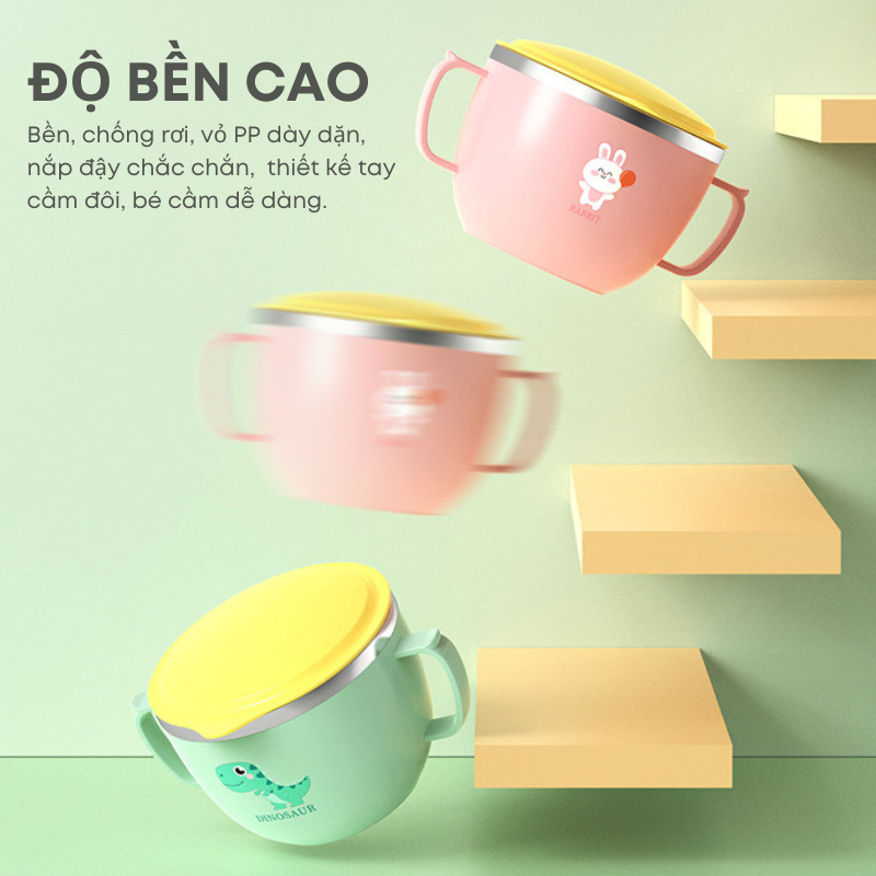 Bát Ăn Dặm Inox 316 Quai Cầm Đôi Cách Nhiệt Chống Nóng 2 Lớp Có Nắp Đậy – An Toàn, Tiện Lợi Cho Bé | 251