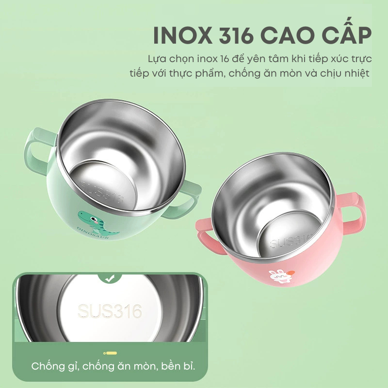 Bát Ăn Dặm Inox 316 Quai Cầm Đôi Cách Nhiệt Chống Nóng 2 Lớp Có Nắp Đậy – An Toàn, Tiện Lợi Cho Bé | 251