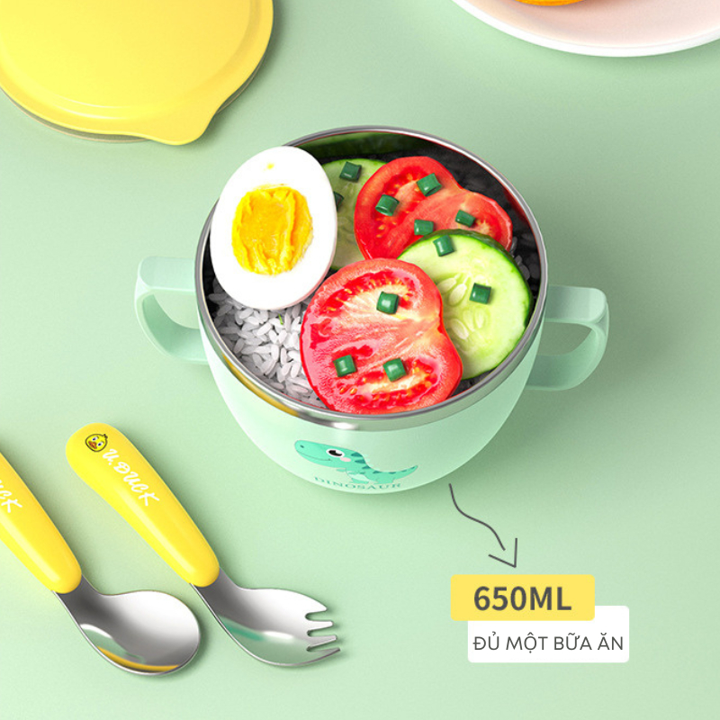 Bát Ăn Dặm Inox 316 Quai Cầm Đôi Cách Nhiệt Chống Nóng 2 Lớp Có Nắp Đậy – An Toàn, Tiện Lợi Cho Bé | 251