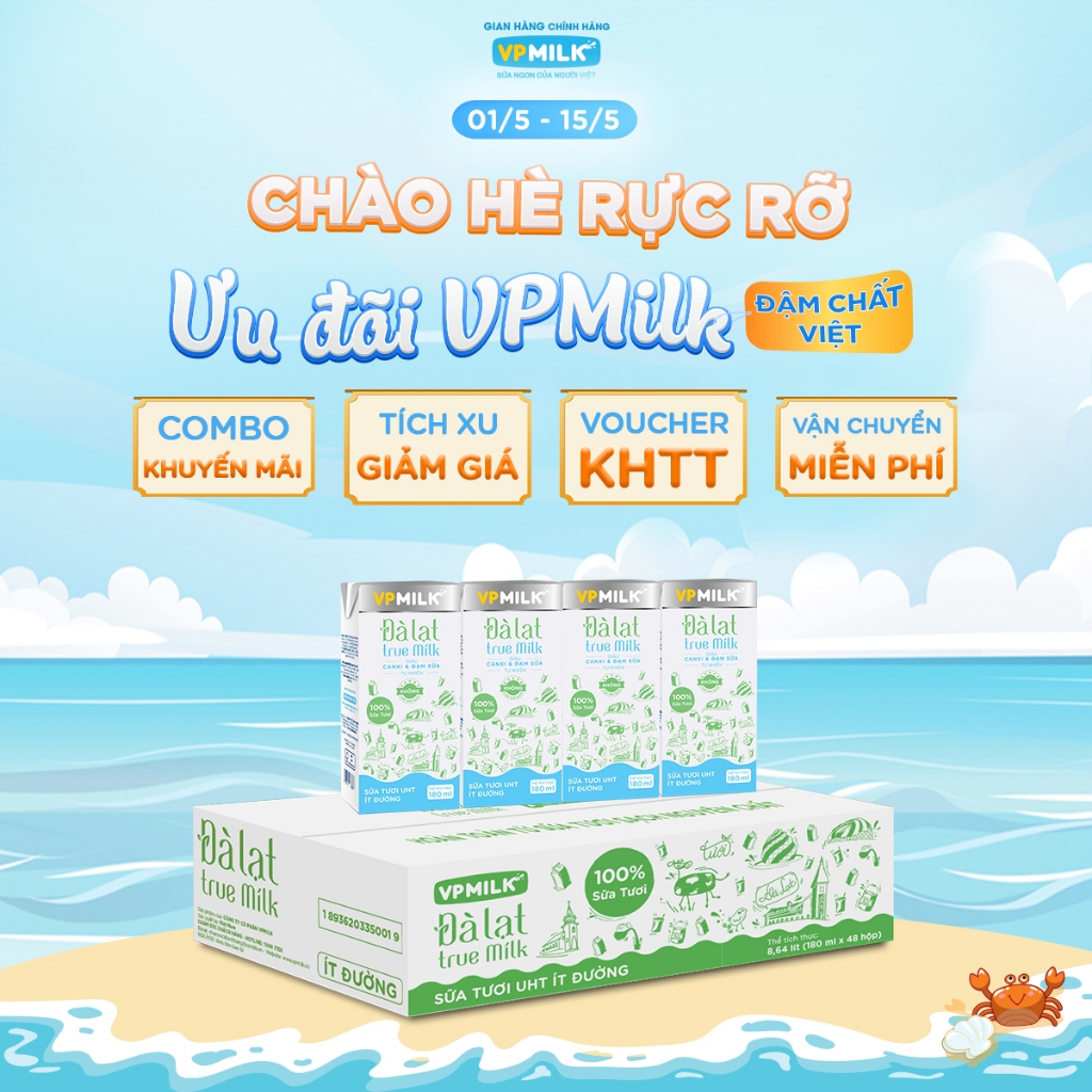 Ảnh Sữa tươi UHT Đà Lạt True Milk VPMilk ít đường 180ml (thùng 48 hộp) 1