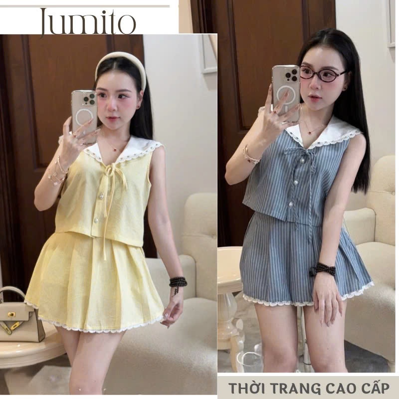 Set đồ nữ cao cấp cổ sen ren áo croptop mix chân váy, bộ hè nữ kiểu dáng năng động trẻ trung 2 màu xanh vàng HCOM26065