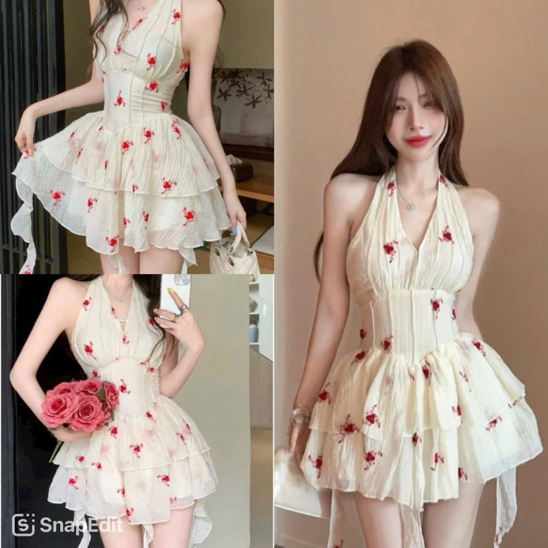 Đầm váy nữ voan hoa đỏ cổ yếm cột nơ có mút ngực from dáng xòe tầng cho nàng diện đi biển, đi tiệc cực xinh