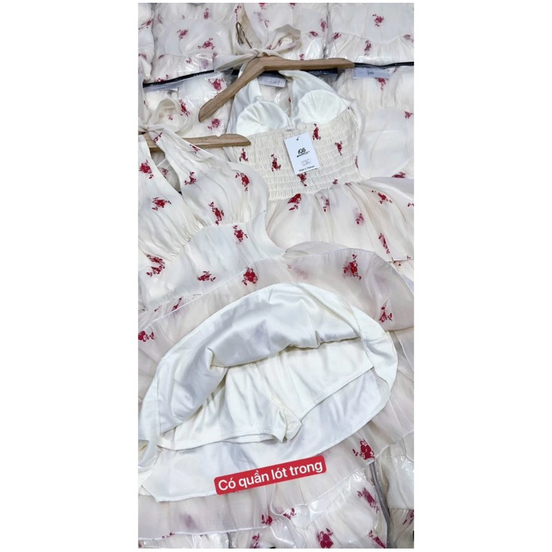 Đầm váy nữ voan hoa đỏ cổ yếm cột nơ có mút ngực from dáng xòe tầng cho nàng diện đi biển, đi tiệc cực xinh