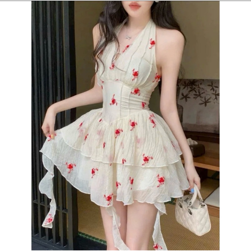 Đầm váy nữ voan hoa đỏ cổ yếm cột nơ có mút ngực from dáng xòe tầng cho nàng diện đi biển, đi tiệc cực xinh