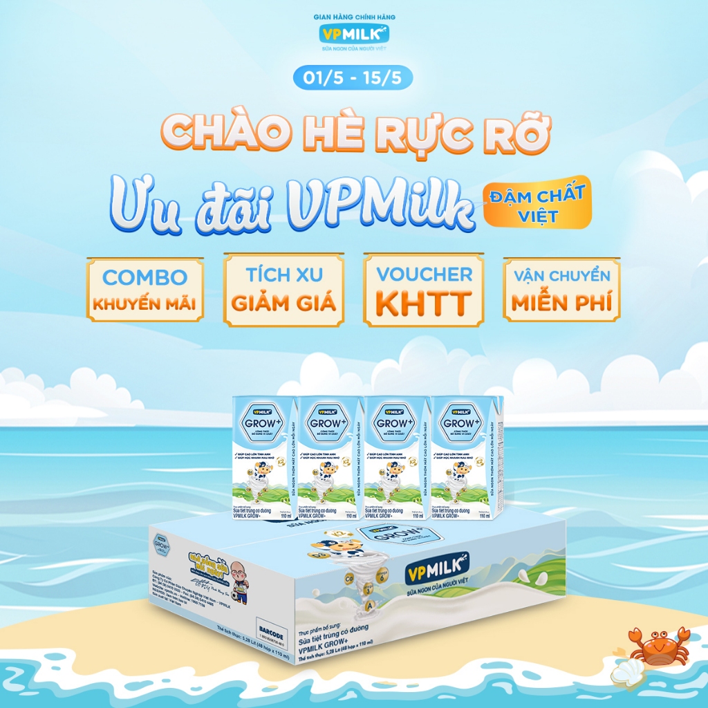 Ảnh Sữa tiệt trùng VPMilk Grow+ hộp 110ml (thùng 48 hộp) 1