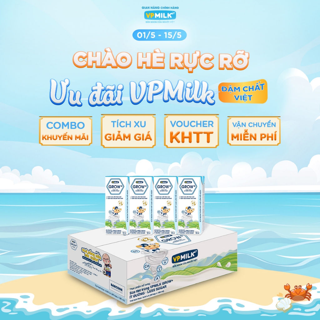 Ảnh Sữa tiệt trùng VPMilk Grow+ hộp 180ml (thùng 48 hộp) 1