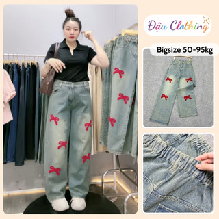 Quần Jean Bigsize Nữ Ống Rộng Màu Bụi Phối Nơ Đỏ Dễ Thương Cho Chubby 50-93kg Q551