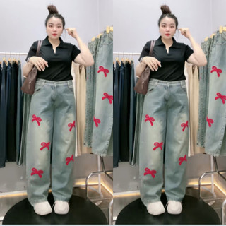 Quần Jean Bigsize Nữ Ống Rộng Màu Bụi Phối Nơ Đỏ Dễ Thương Cho Chubby 50-93kg Q551