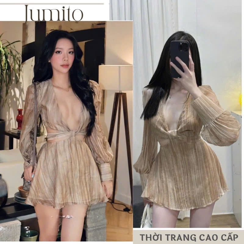Váy tiểu thư dáng xoè cổ chữ v tay dài chất voan lụa cao cấp, đầm sexy tôn dáng quyến rũ đi biển mặc mùa hè HCOM26057