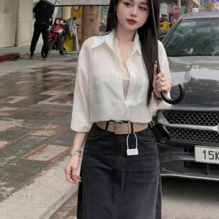 Áo Sơ Mi Trắng Tơ Đũi Phối Ren 2 Chi Tiết Nhẹ Nhàng Thanh Lịch Phối đồ phong cách casual,layer
